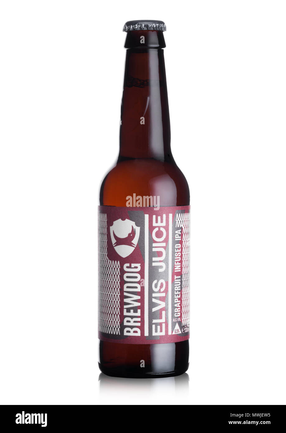 LONDON, Regno Unito - 01 giugno 2018: Bottiglia di Elvis Succhi di pompelmo IPA birra, dal birrificio Brewdog su sfondo bianco. Foto Stock