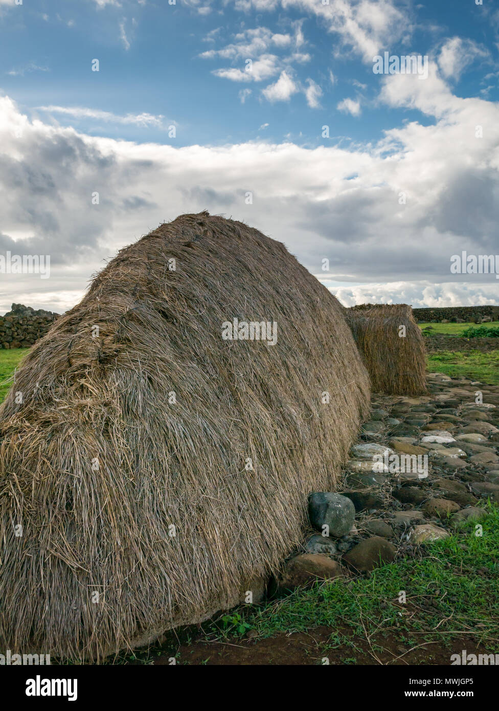 Ricostruita con il tetto di paglia tradizionali a forma di barca casa chiamata Hare Paenga, Akahanga, Isola di Pasqua, Rapa Nui, Cile Foto Stock