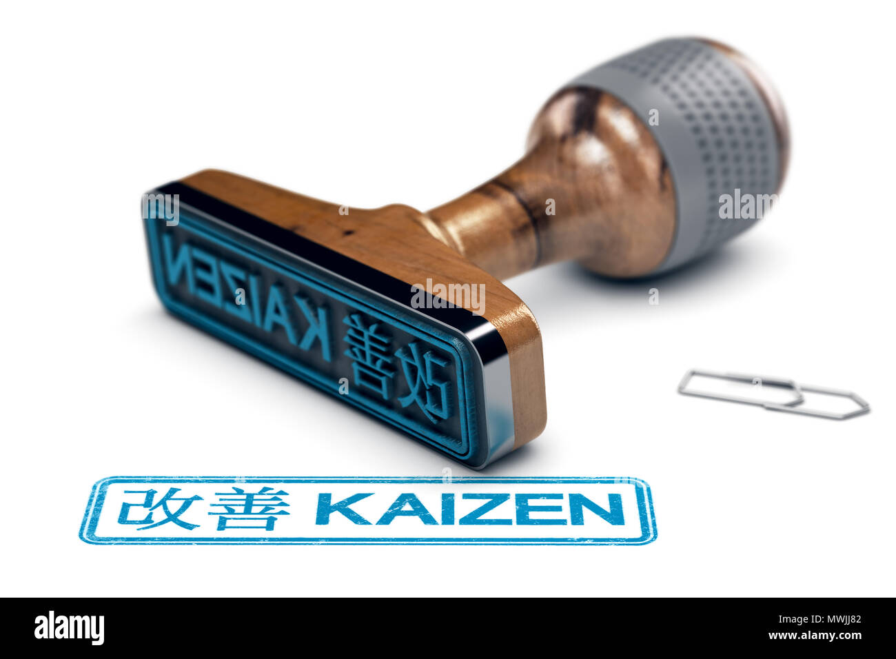 3D illustrazione di un timbro di gomma con il testo kaizen in lingua inglese e giapponese stampigliato su sfondo bianco. Concetto di improveme continuo Foto Stock