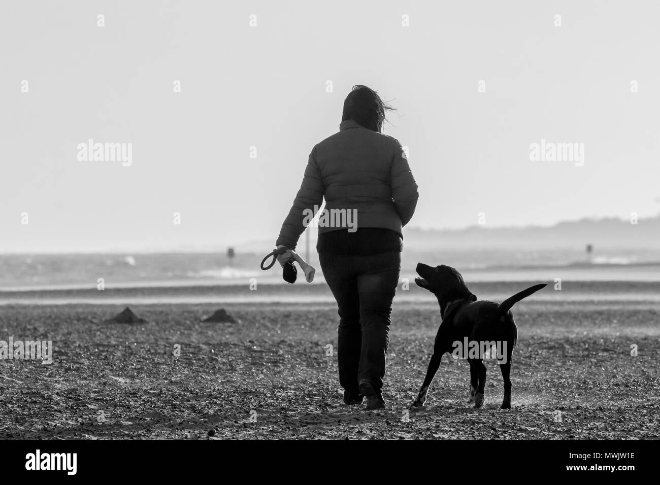 Immagine in bianco e nero della donna e il suo cane a camminare sulla spiaggia spazzate dal vento. Il cane osservando la donna come se in attesa di un trattamento o l'istruzione. Foto Stock