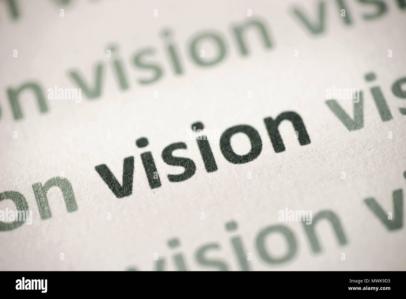 Visione di parola stampata su carta bianca macro Foto Stock