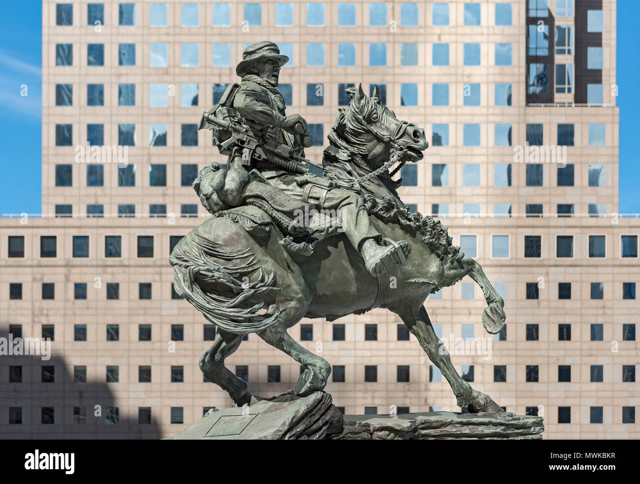 America del monumento di risposta (De Oppresso Liber) statua in Liberty Park, al World Trade Center di New York, Stati Uniti d'America Foto Stock