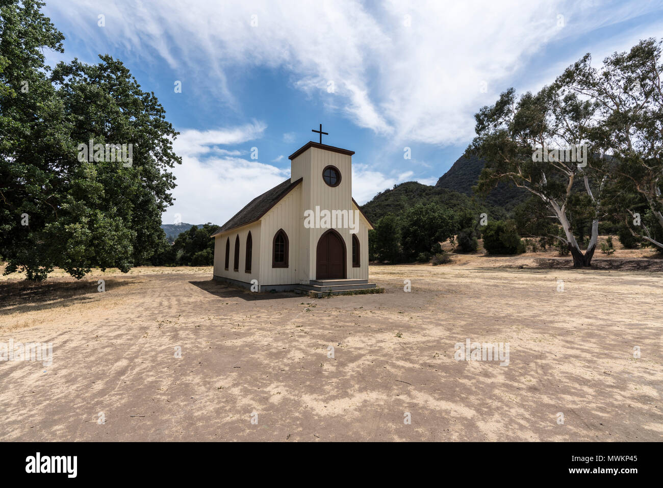 Piccolo filmato storico chiesa di set di proprietà di US National Park Service presso Paramount Ranch in Santa Monica Mountains National Recreation Area vicino a Los un Foto Stock
