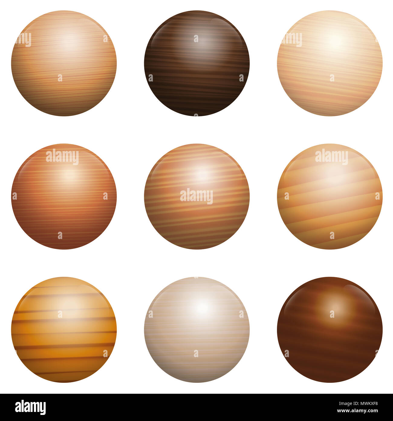 Tipi di legno. Set di nove lucidato, VERNICIATO TESTURIZZATO, decor e sfere - marrone, scuro, grigio, rosso o modelli di colore giallo con riflessi di luce. Foto Stock