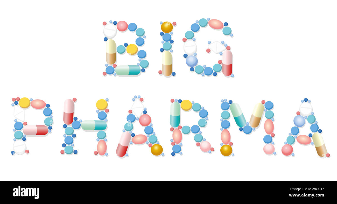 Big pharma scritto con le pillole. Slogan simbolico o parola d'ordine per sospetto e problematiche la salute e medicina business. Foto Stock