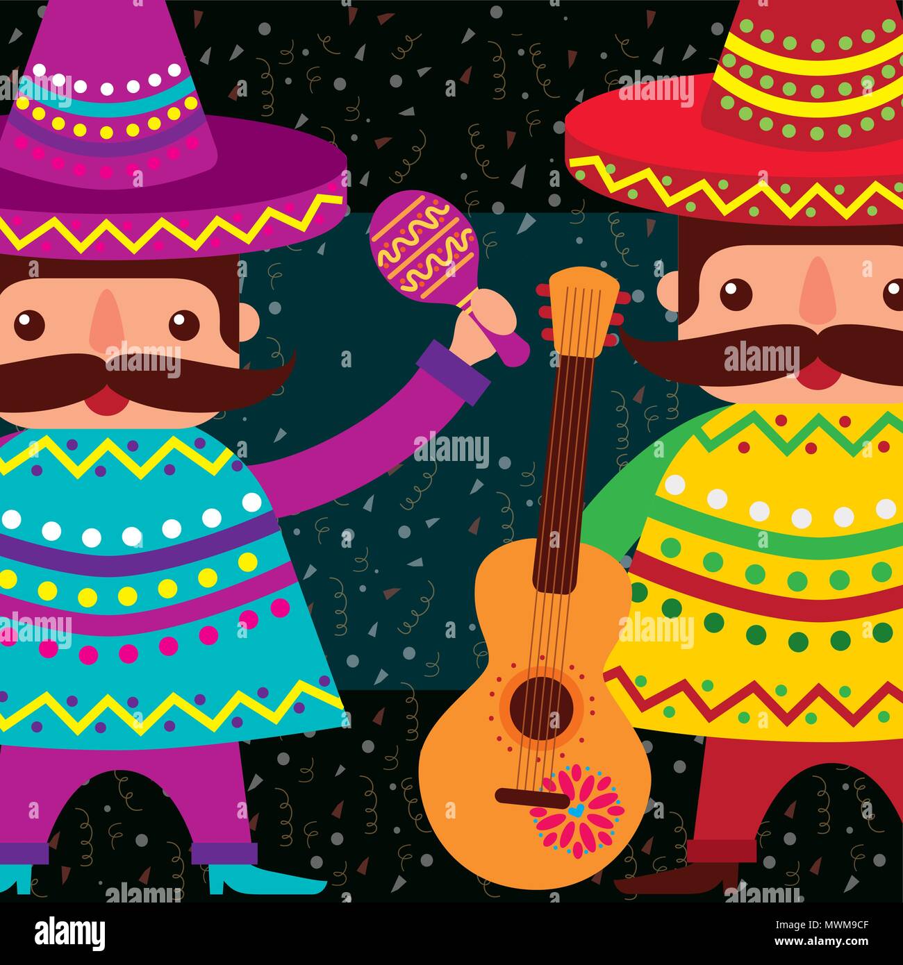 Gli uomini messicani con il cappello e il poncho maracas guitar illustrazione vettoriale Illustrazione Vettoriale