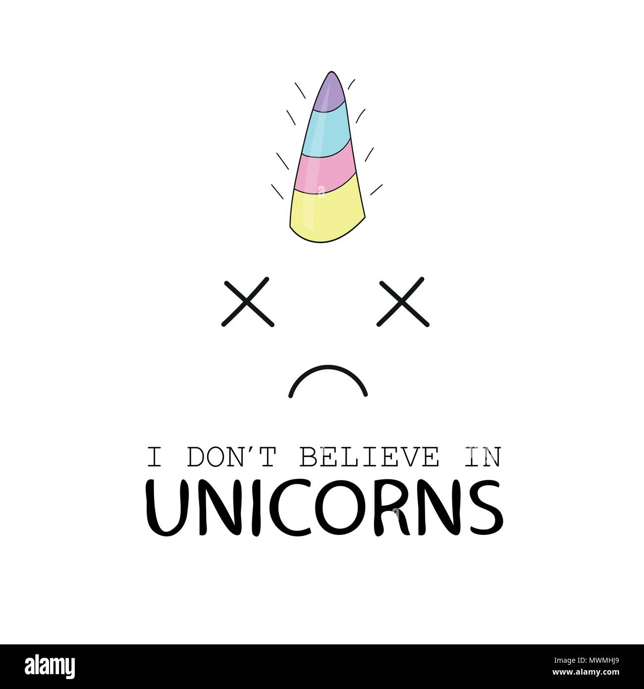 Unicorn testa con occhi incrociati e rainbow mane su bianco Illustrazione Vettoriale