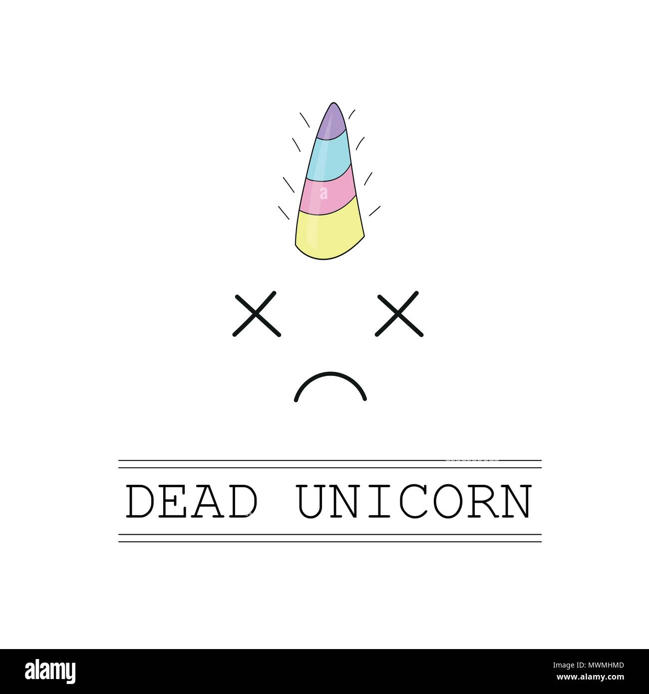 Vettore. morti unicorn testa con occhi incrociati e rainbow mane su bianco Illustrazione Vettoriale
