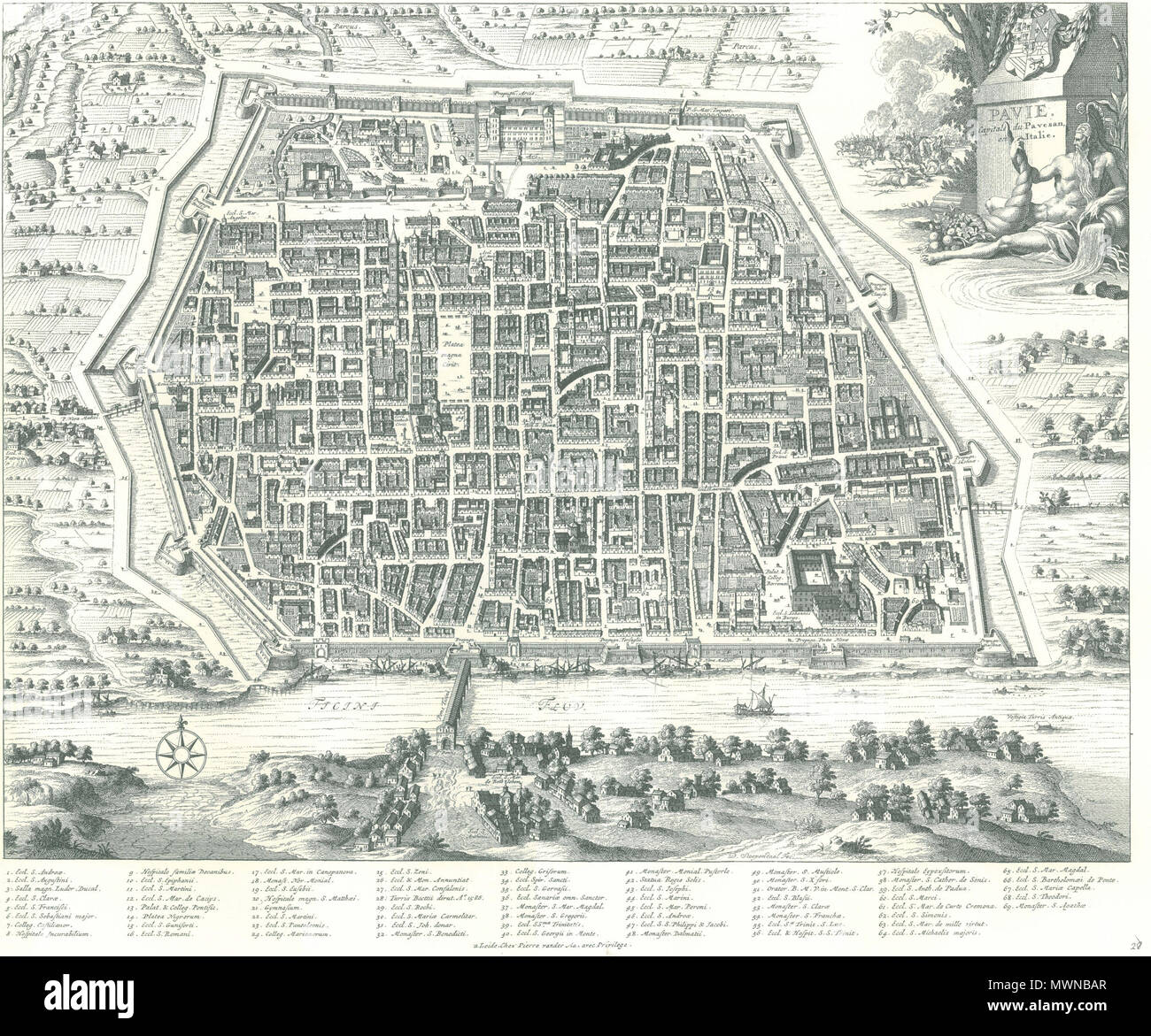 . Inglese: mappa storica di Pavia; Pieter van der Aa, probabilmente da La Galerie Agréable du Monde di 1728 . Il 30 dicembre 2009. Flickr:Simone Cortesi 484 Pieter van der Aa, mappa di Pavia Foto Stock