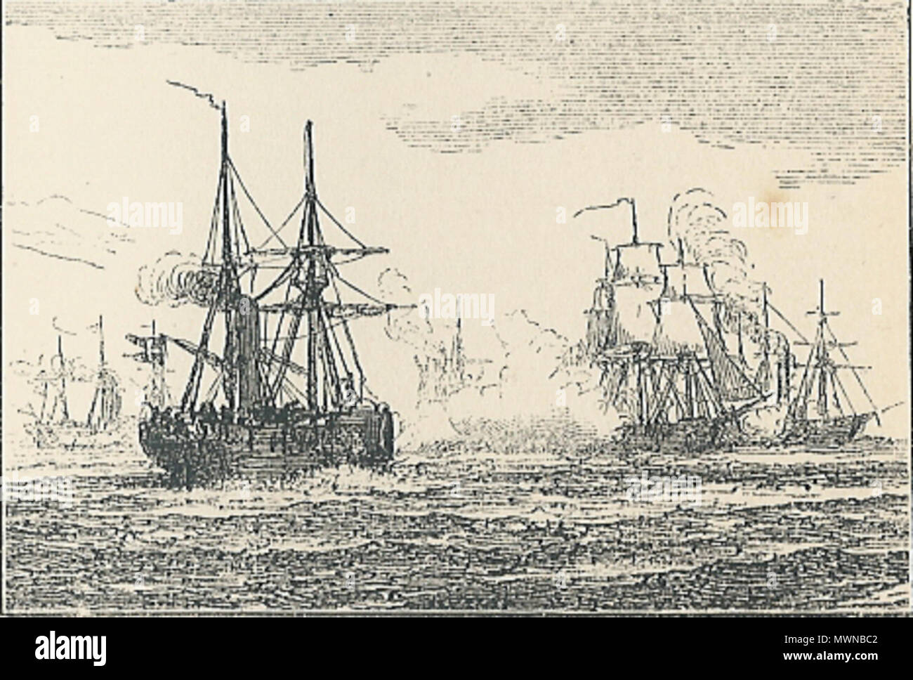 . Dansk: Korvetten 'Valkyrien' i kamp med tyske dampskibe 1849. 1888. Saddhiyama 347 Korvetten Valkyrien i kamp med tyske dampskibe Foto Stock