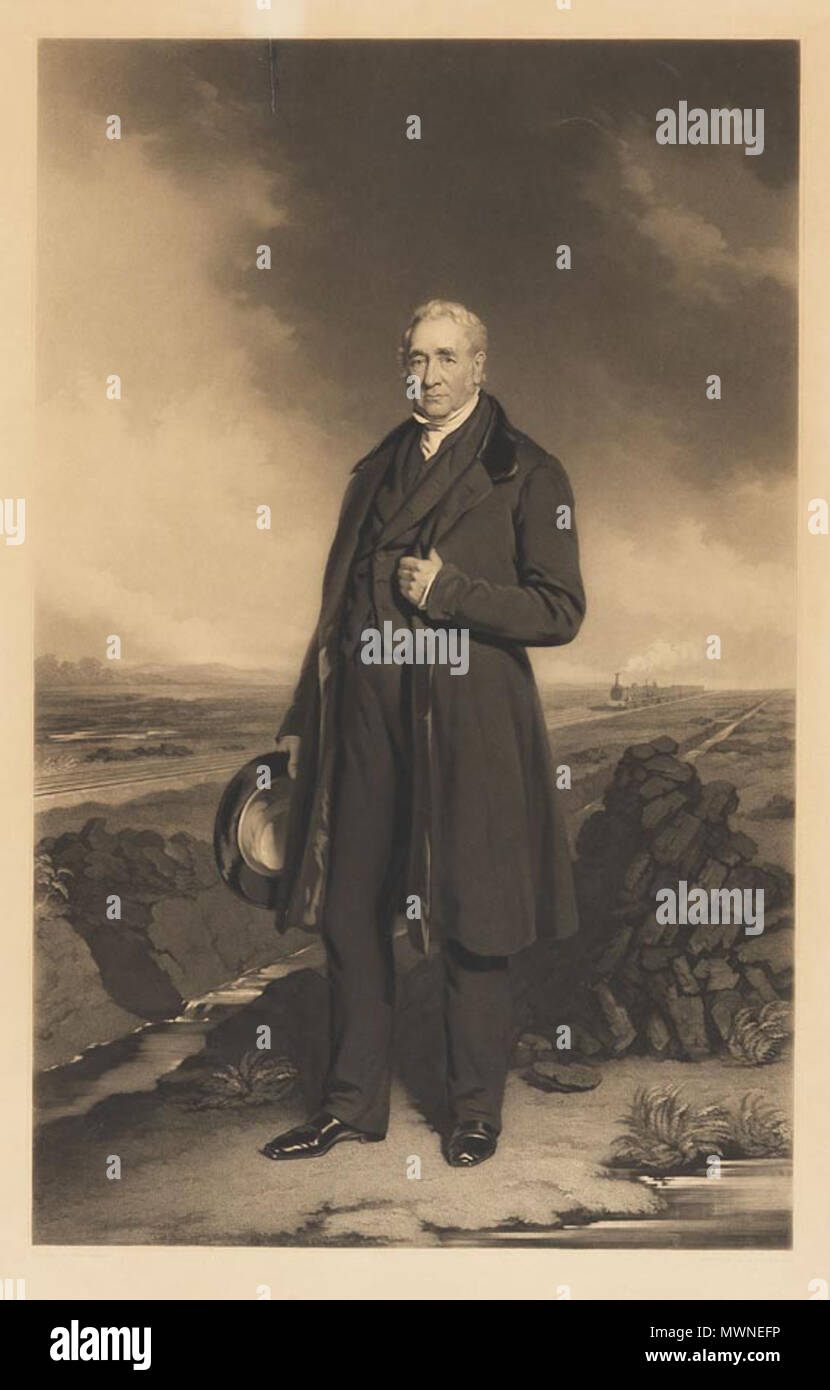 . Deutsch: Porträt des englischen Ingenieurs George Stephenson. Stahlstich mit Mezzotinto nach Lucas von T. L. Atkinson bei H. Graves, Londra 1849. 70 x 44,5 cm. 1849. T. L. Atkinson dopo Lucas 495 Ritratto George Stephenson da Atikinson dopo Lucas 1849 Foto Stock