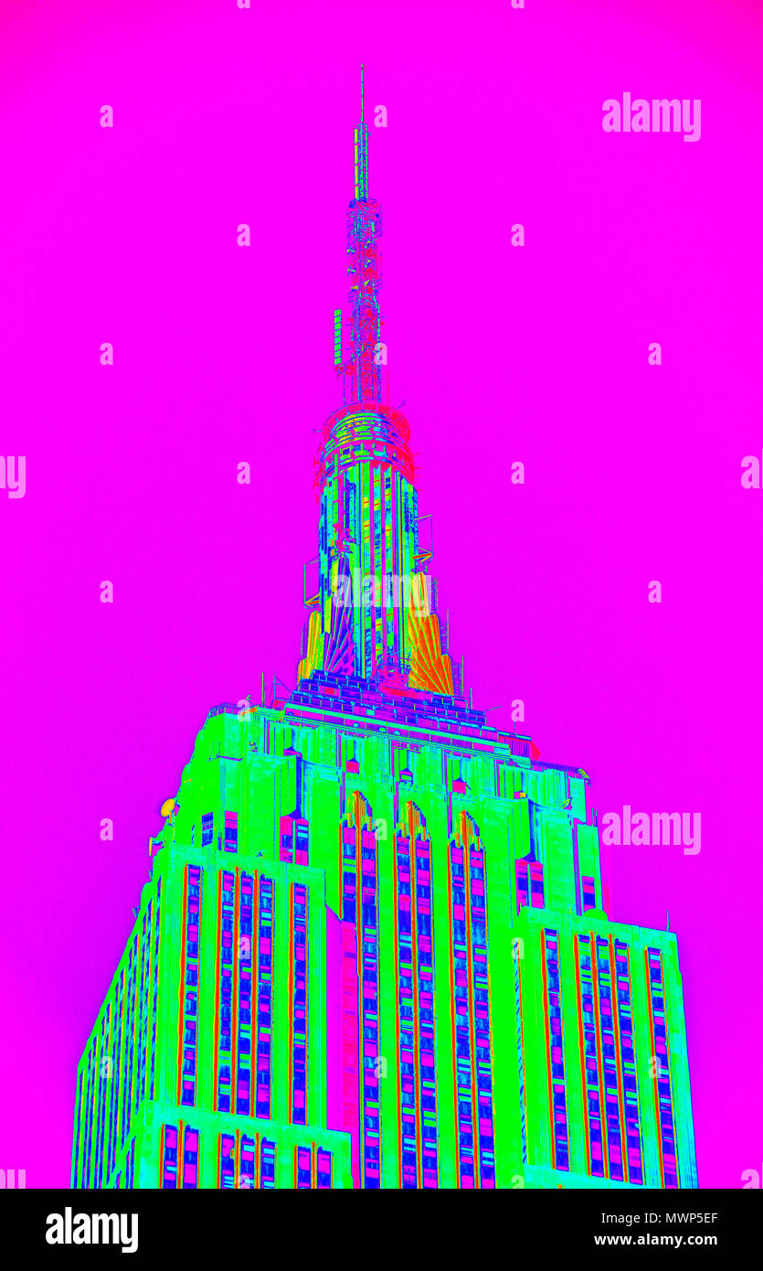 Empire State Building (1930-31), Vertice, mostra di contrattempi e Art Deco top (reso in PS, pop art style), da William Agnello, New York, NY, STATI UNITI D'AMERICA Foto Stock