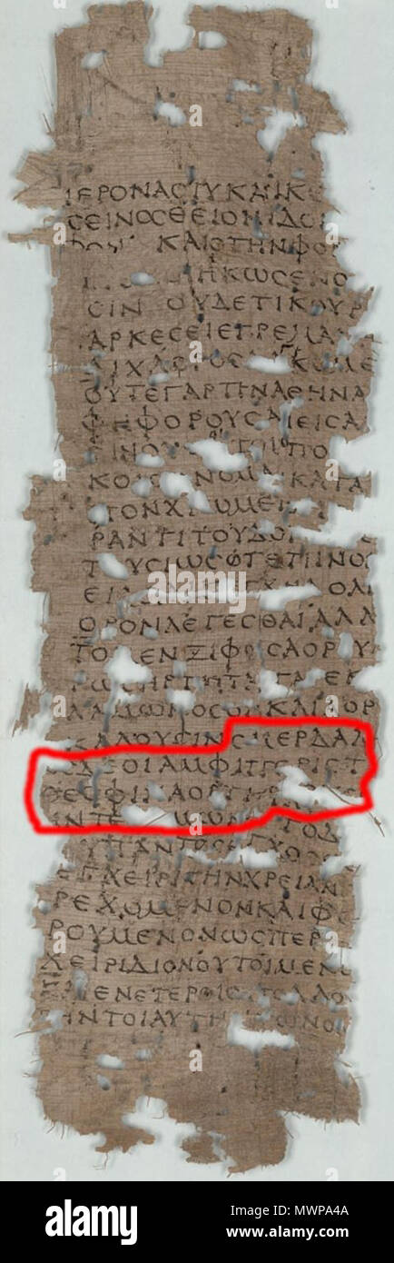 . Inglese: P.Oxy.XX 2260 i: Oxyrhynchus papyrus XX, 2260, colonna i, con quotazione da Philitas di Cos evidenziata. Originale è un rotolo di papiro; questa è una colonna di quel rotolo, che misura circa 5×20 cm. Per una trascrizione, consultare: De Luca CD (1999). "Per l'interpretazione del POxy XX 2260 (Apollodoro Atheniensis, Περὶ θεῶν)" (PDF). Papyrologica Lupiensia (8): 151-64. DOI:10.1285/ho15912221n8p151. Url consultato il 2008-09-10. inizi II secolo D.C. Apollodoro 500 POxy.XX.2260 la.i-Philitas-evidenziare Foto Stock