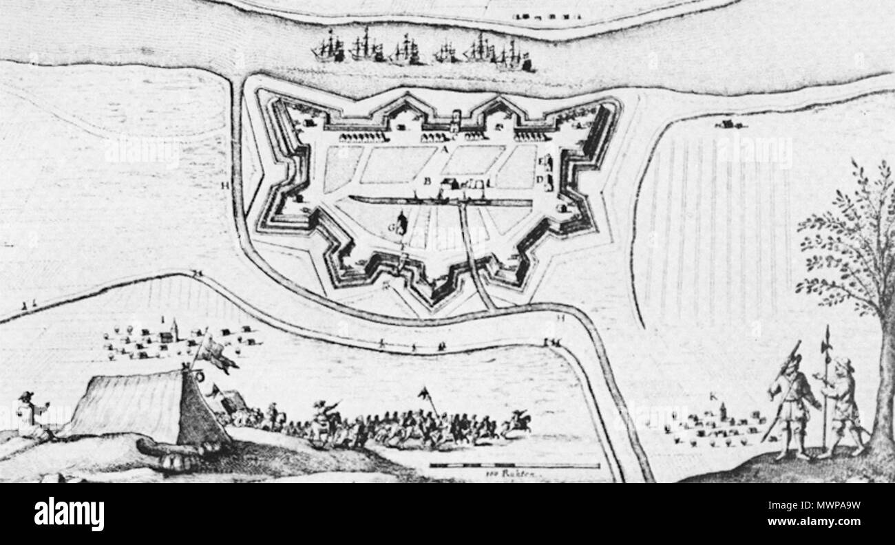 . Inglese: vista dell'assedio della città svedese / fortezza di Carlsburg all'estuario del fiume di Weser (Germania) dalle truppe del Brandeburgo, Münster, Lüneburg e Danimarca nel 1675/1676. Il disegno mostra la città per errore con 9 invece di 10 bastioni. Deutsch: Ansicht der Belagerung der schwedischen Festungsstadt Carlsburg an der Wesermündung durch brandenburgische, münsterische, lüneburgische und dänische Truppen 1675/1676. Die Abbildung zeigt Carlsburg fälschlicherweise mit 9 statt 10 Bastionen. circa 1680. Sconosciuto 557 Assedio di Carlsburg 1676 Foto Stock