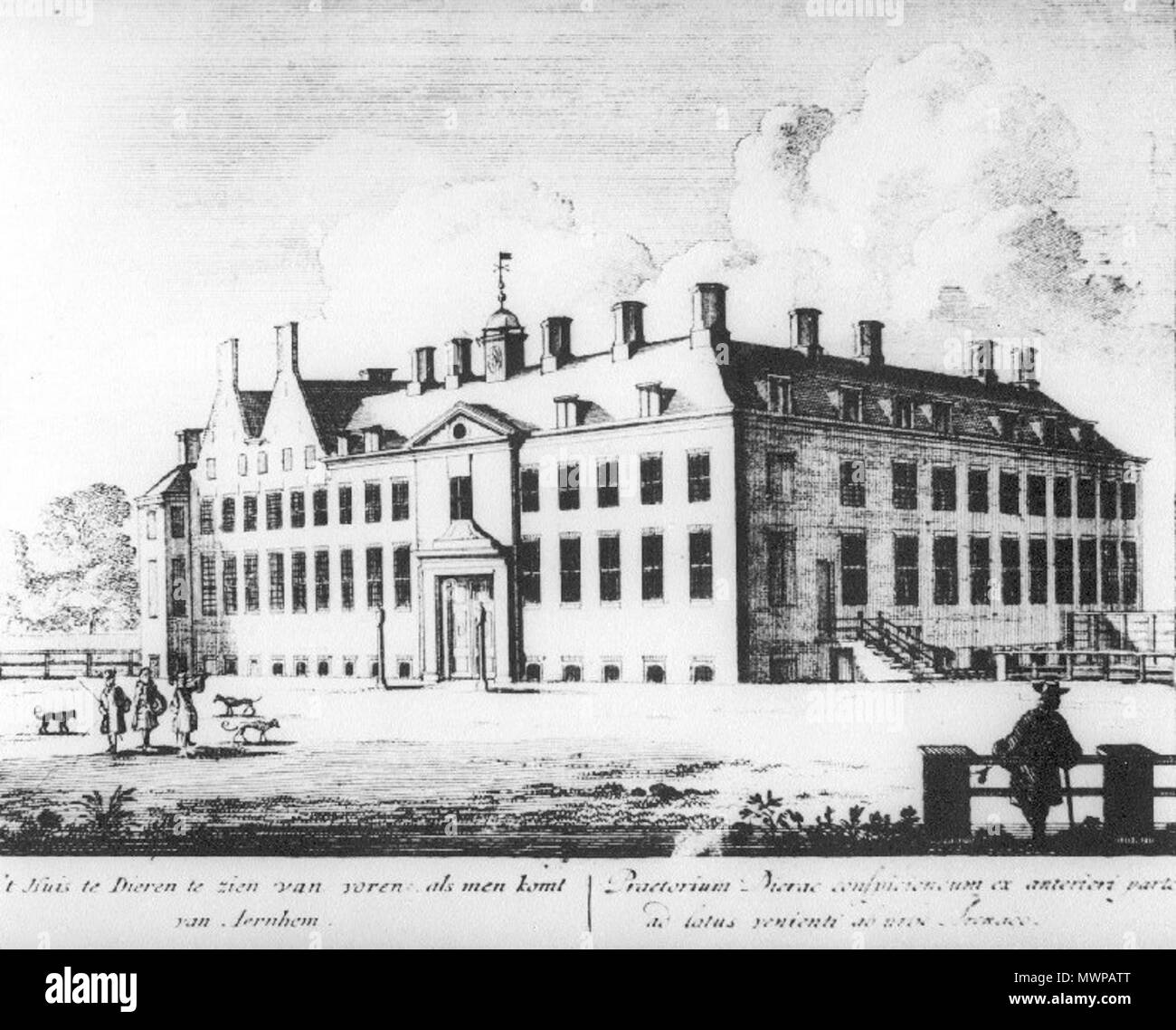 . La tenuta di Dieren visto dalla strada da Arnhem. Questa è stata la station wagon di Guglielmo III di Orange, Stadtholder olandese (anche w:Guglielmo III d'Inghilterra). circa 1700. Pieter Schenk 501 Prent4 klein buitenaanzicht Foto Stock