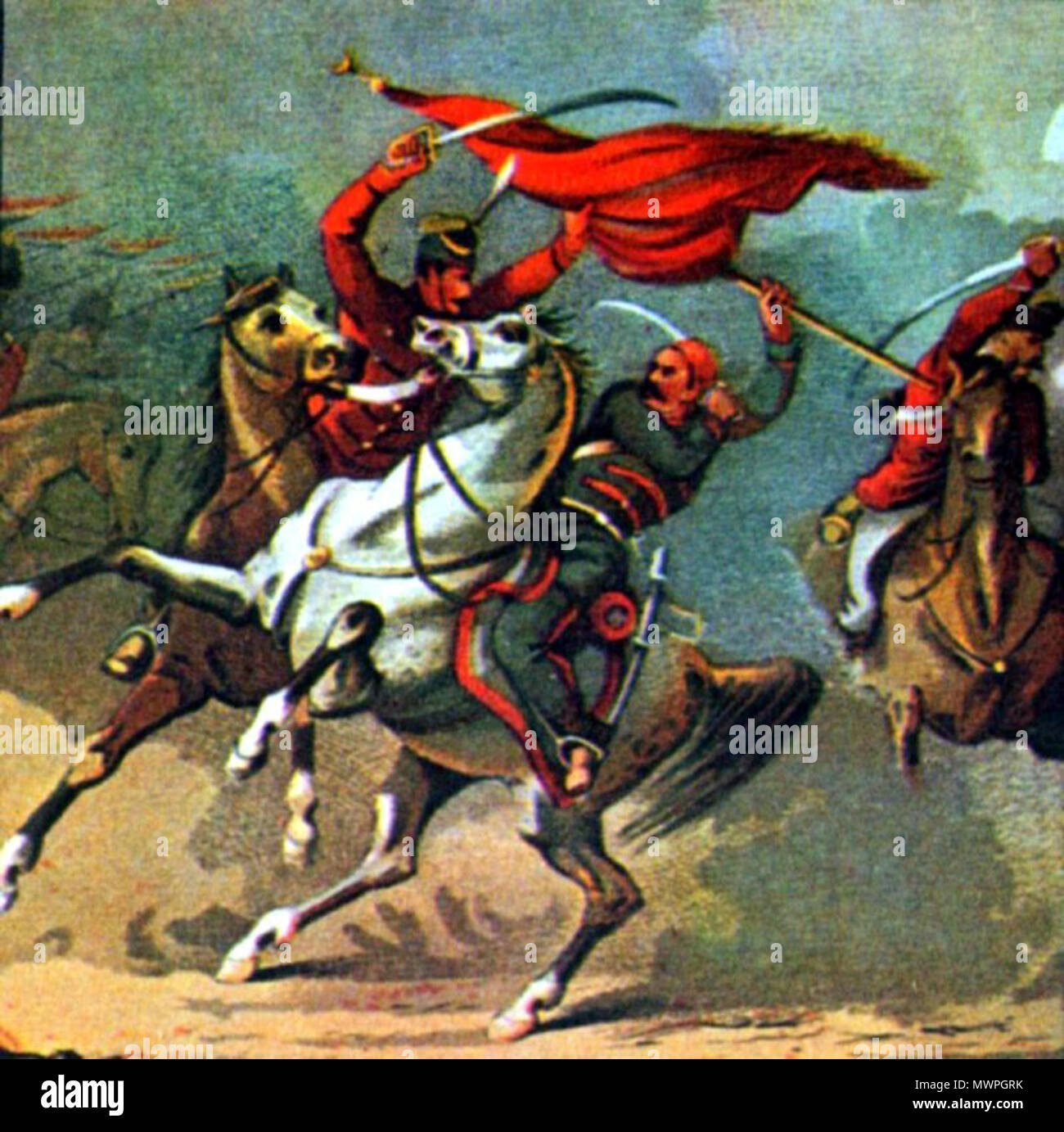 . Română: Luarea drapelului cavaleriei turcesci de unu cavaleristu romanu . Inglese: romeno cavalryman catturare la bandiera turca, durante il rumeno di Guerra di Indipendenza (1877-1878) Română: Luarea drapelului cavaleriei turcești de onu cavalerist român, în sederii Războiului de Independență al României (1877-1878) Questo file è stato caricato con Commonist. . 1879 528 RomIndependenceWar1877-4 Foto Stock