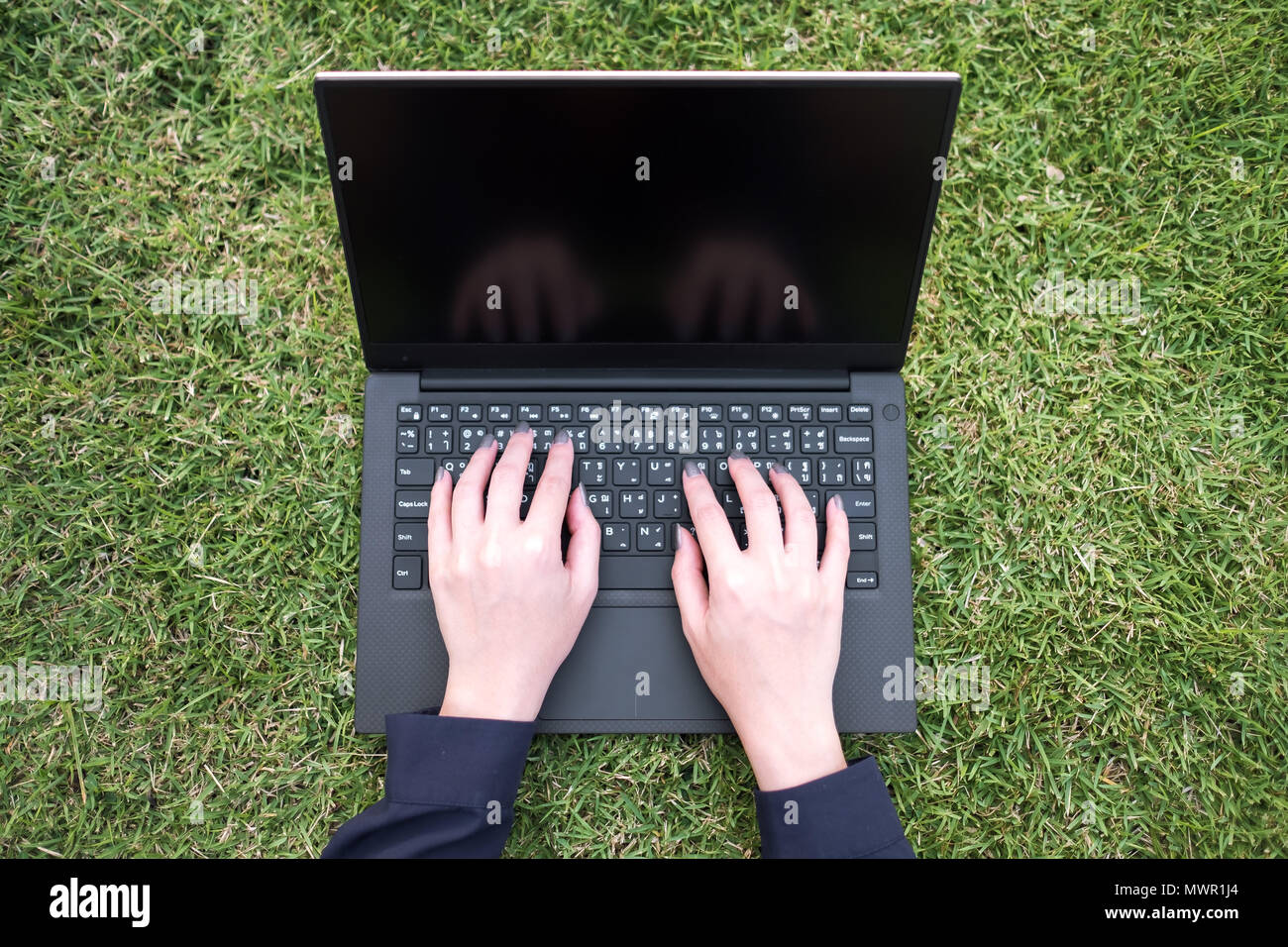Vista superiore della donna mano digitando sulla tastiera portatile per lavorare in un parco Foto Stock