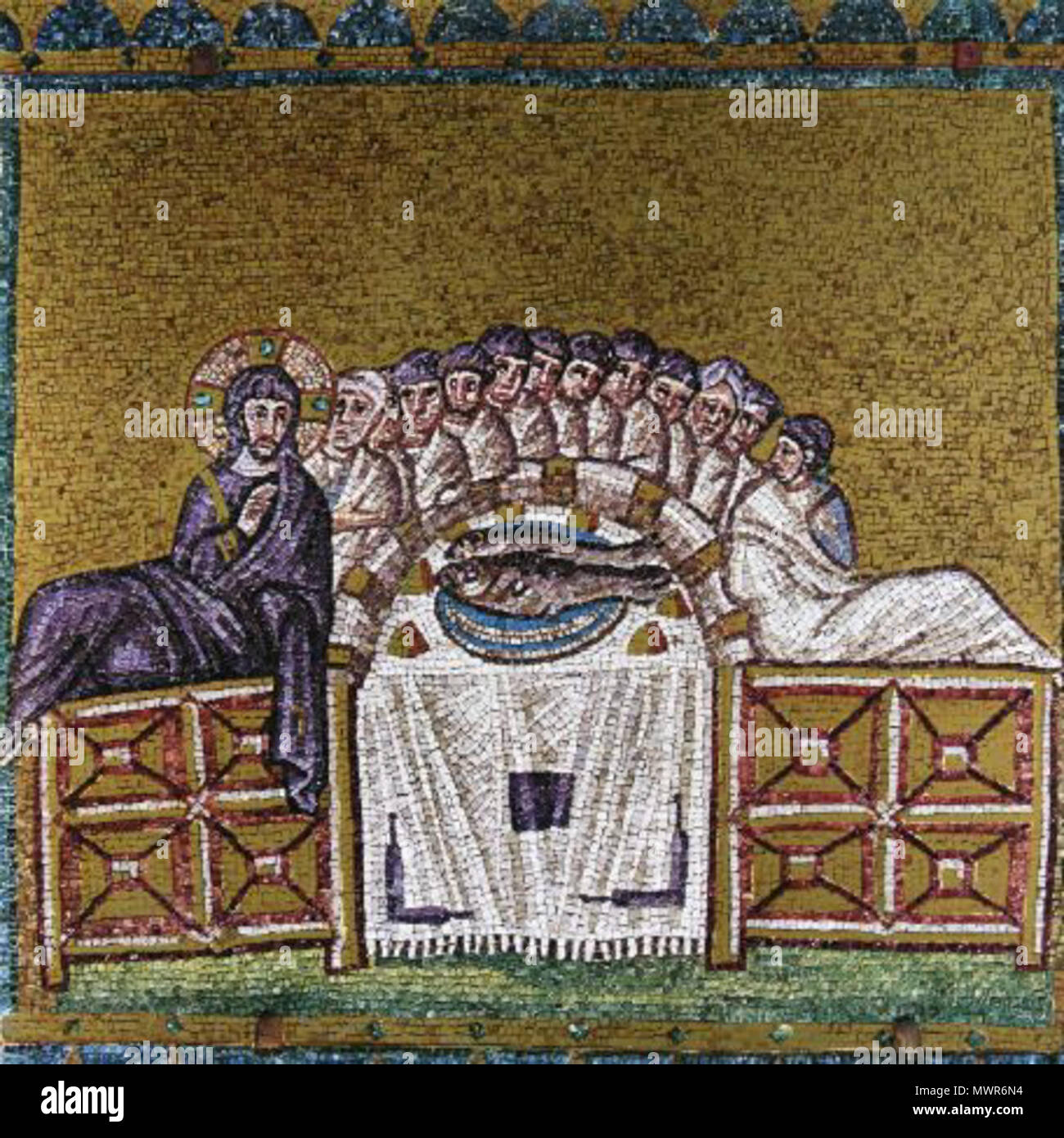 . Mosaico nella Basilica di Sant'Apollinare Nuovo. Ultima Cena . 6 secolo. anonimus 535 S. Apollinare Nuovo Ultima cena Foto Stock