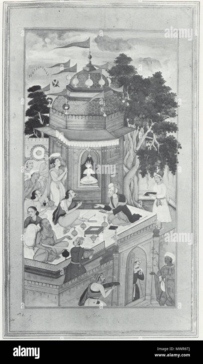 . Inglese: Sa'di e l'idolo di Somnath, India, c.1604 Fonte: Arti del libro islamico: la collezione del principe Sadruddin Aga Khan, da Anthony Welch e Stuart Cary Welch (Ithaca : Cornell University Press per l'Asia Society, 1982), p. 194; scansione per FWP, Sett. 2001 "l'Bustan (giardino) e Gulistan (Giardino delle Rose) del tredicesimo secolo poeta iraniano Sa'di erano tra i più diffusi e spesso i libri illustrati nel mondo islamico, in particolare in India Mughal, dove sontuosa copie sono state fatte per entrambi Akbar e Jahangir....Dharm Das illustra uno dei più celebri storie in t Foto Stock