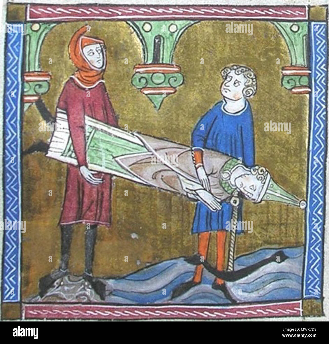 . Inglese: miniatura che accompagnano il testo del sistema VIES des saints, che mostra due uomini che tengono il corpo di San Clemente sopra l'acqua con un ancoraggio legata al suo collo. Da f.133v della sig.ra B.9, una raccolta di opere in francese (Francia, secondo quarto del XIV secolo). secondo quarto del XIV secolo. Sconosciuto 537 San Clemente essendo annegati Foto Stock