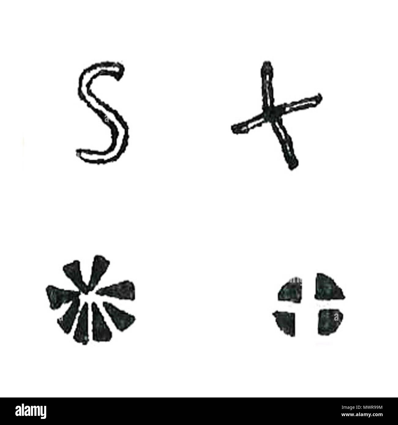 . Español: Marcas de Sargadelos empleadas en la primera época, circa 1806-1832 . tra il 1806 e il 1832. Fábrica Sargadelos 544 Sargadelos.marcas 1 epoca Foto Stock