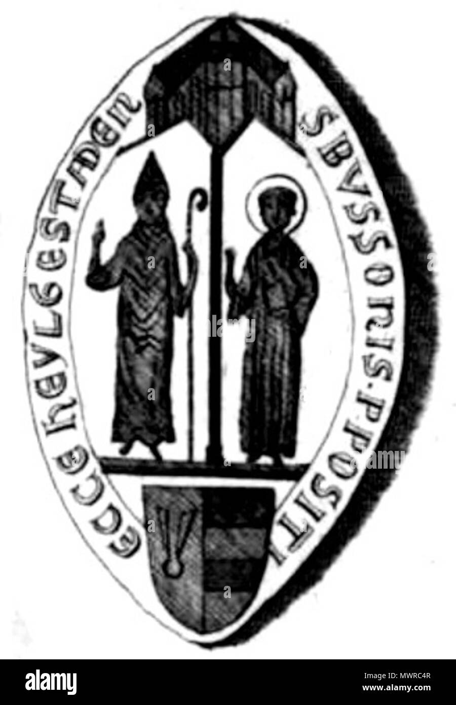 . Deutsch: Nachzeichnung eines Abdrucks des Siegels des Propstes vom San Martinstift a Heiligenstadt auf einer Urkunde von 1355 ([1]). Randbeschriftung: S[IGILLVM] BUSSONIS P[RAE]posizione impermeabili ECC[LESI]E HEYLGESTADEN[SIS] - 'Siegel des Busso, Propst der Kirche in Heiligenstadt". 1753. Schöttgen / Kreysig 558 Siegel Tabula VI. 1 Foto Stock