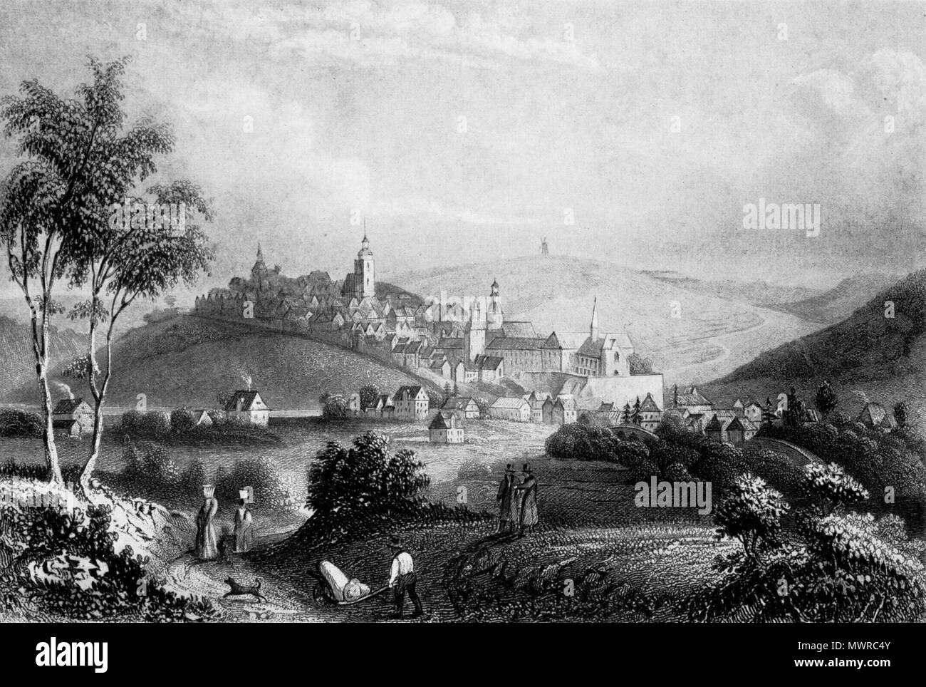 . Inglese: incisione in acciaio per il panorama di Siegen, Germania nel 1842. Disegnata da Carl Schlickum (* 1808, † 1869), incisa in acciaio da Albert Henry Payne nel 1842. Deutsch: de:Stahlstich von der Stadtansicht auf Siegen, Deutschland, aus dem Jahr 1842. Gezeichnet von Carl Schlickum (* 1808, † 1869), gestochen von Albert Henry Payne im Jahr 1842. . Eseguire la scansione da: Bob. 558 Siegen 1842 Foto Stock