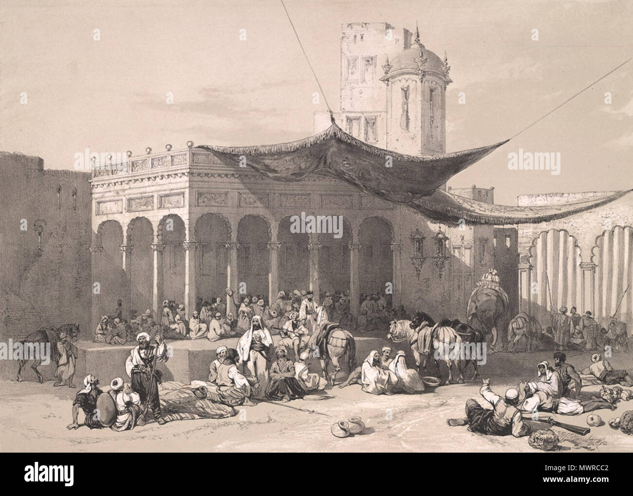 . Inglese: Artista: Harding, James Duffield (1797-1863), dopo Harding medie: litografia data: 1847 piastra 12 da 'Ricordi dell India. Parte 1. India britannica e il Punjab' da James Duffield Harding (1797-1863) dopo Charles Stewart Hardinge (1822-1894), il figlio più anziano del primo Visconte Hardinge, il governatore generale. Ciò illustra i soldati Sikh di ricevere i loro pagare presso il Royal Durbar di Lahore. In seguito alla prima guerra Anglo-Sikh, il British prescritto che una gran parte di esercito Sikh sarà sciolta con una diminuzione di pagare per il resto. I soldati ad ogni successiva rovesciare Foto Stock