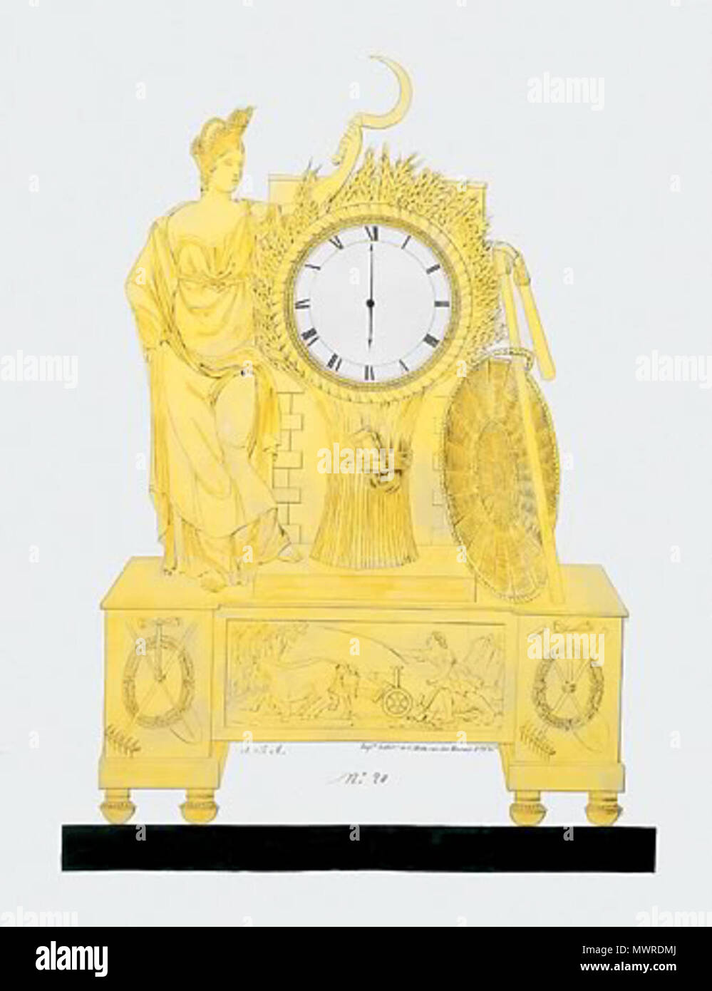 . Inglese: Acquarello e tempera su linea litografica, su cui la carta. Scritto: J. B. A. / Imprie Lithoque de C Motte rue des Marais Fg. San Gn. Numerati: 20. Dimensioni: 68 cm. da 50,4 cm. Per essere eseguita in bronzo dorato; metallo argentato comporre; marmo nero piattaforma. Il quadrante di orologio interno di un covone di grano in piedi contro un edificio quoined affiancato da una trituratrice e di spulatura cestello a destra e l'altro lato con la dea Cerere, lei ha sollevato il braccio tenendo un falcetto; la base con un rilievo centrale scena di aratura tra i trofei di attrezzi agricoli. I frutti d'estate sono qui Foto Stock