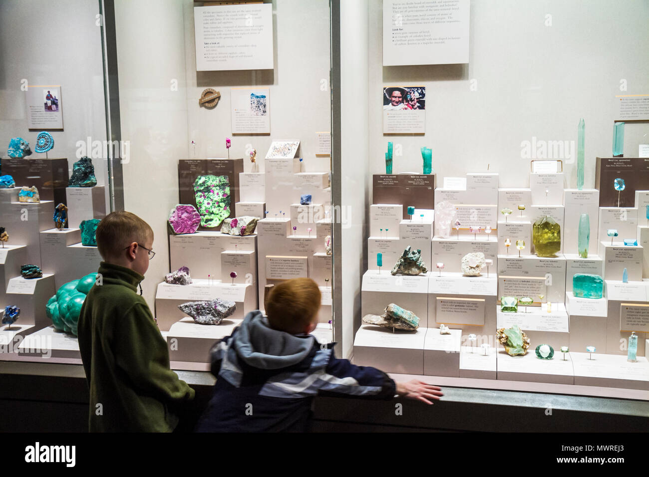 Washington DC, Museo Nazionale di Storia Naturale, Hall of Geology, Gemme e minerali, scienza naturale, ragazzi, ragazzi maschi bambini bambini bambini bambini giovani, pre Foto Stock