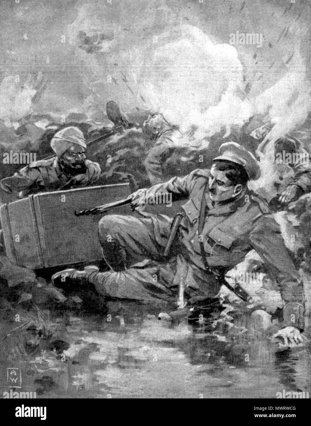 . Disegno dell'azione del 18 maggio 1915 per la quale il Tenente John George Smyth si è aggiudicato la Victoria Cross. Disegno da guerra illustrato, 14 agosto 1915. La didascalia recita: La storia meravigliosa di come Lieut. J. G. Smyth ha vinto la V.C. è una delle più suggestive negli annali della decorazione. Per alleviare la posizione critica del xv sikh, Lieut. Smyth e dieci sepoys volontariamente per convogliare due scatole di bombe dalla riserva di trincea. Dibattere dolorosamente sopra il terreno aperto, che letteralmente sibilò con un diluvio di fuoco, hanno trainato la pesante le scatole dopo di loro. Uno per uno i sepoys erano stru Foto Stock
