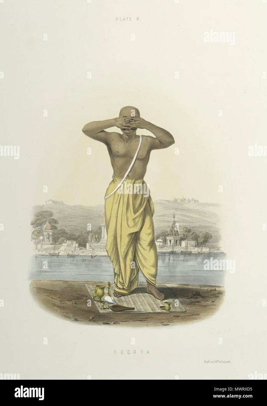 . Inglese: titolo dell'immagine: Soorya [Surya]. Creatore: Giorno & Figlio -- litografo nome aggiuntivo(s): Belnos, S. C., la sig.ra -- artista medie: litografie -- Voce Colore/pagina/Piastra: Pl. 8 NOTE: Preghiera al sole. Fonte: Sundhya o le preghiere quotidiane dei Bramini. Illustrato in una serie di disegni originali dalla natura, dimostrando la loro atteggiamenti e diversi segni e figure eseguite da loro durante le cerimonie della loro devozioni mattina, Poojas, ecc. Descrizione sorgente: 3 V. : [24] foglie di col. piastre. ; 58 x 75 cm. Posizione: Stephen A. Schwarzman Building / Asia e Medio Oriente D Foto Stock