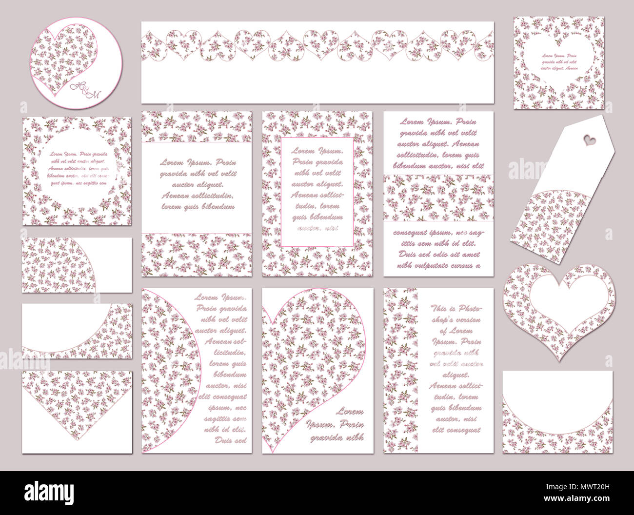 Set di modelli floreali per matrimoni, il giorno di San Valentino, e romantico. I modelli in diverse forme e dimensioni con testo spazio isolato su bianco. Foto Stock