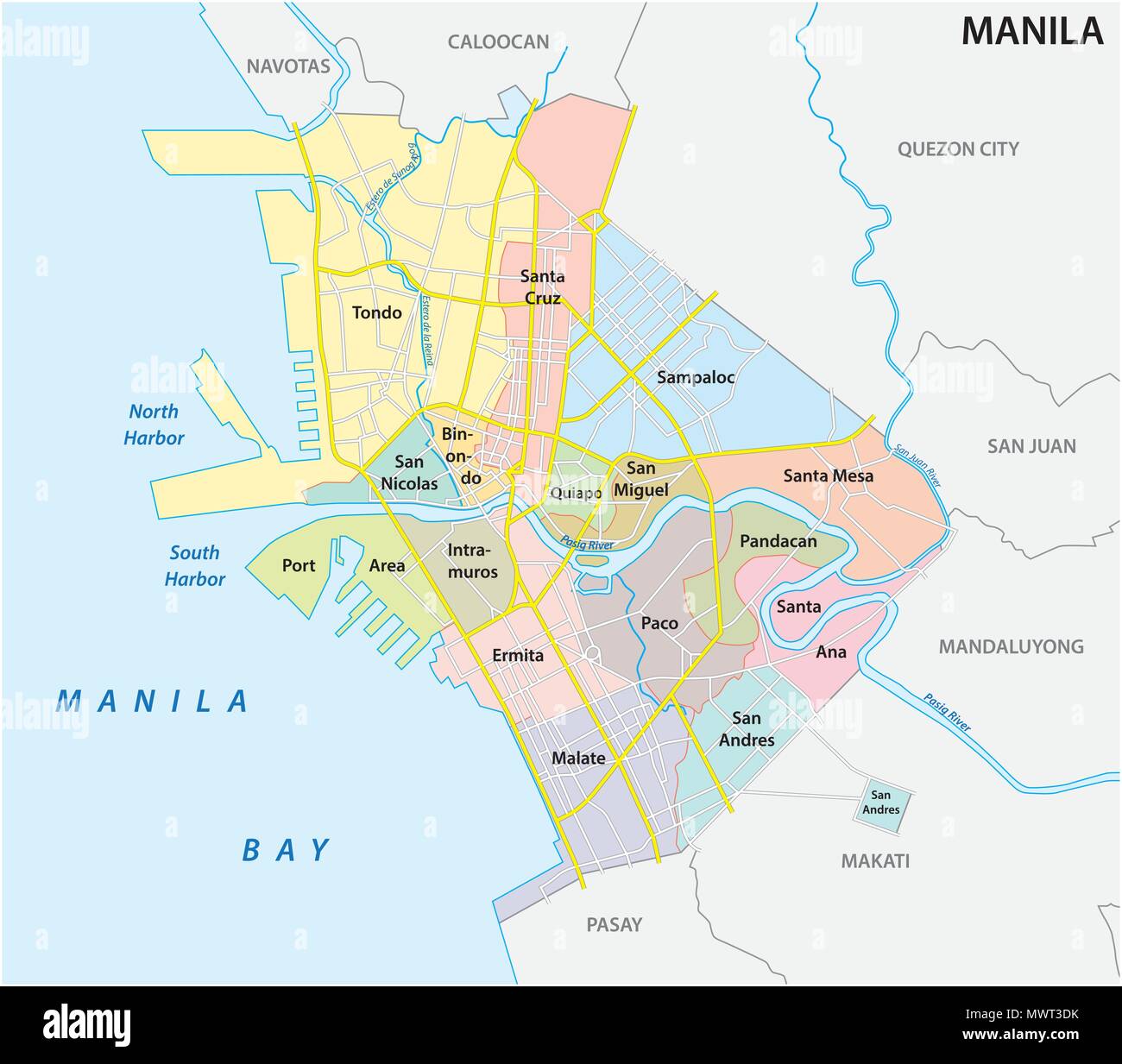 Manila amministrativo, politico e strada mappa vettoriale, Filippine Illustrazione Vettoriale