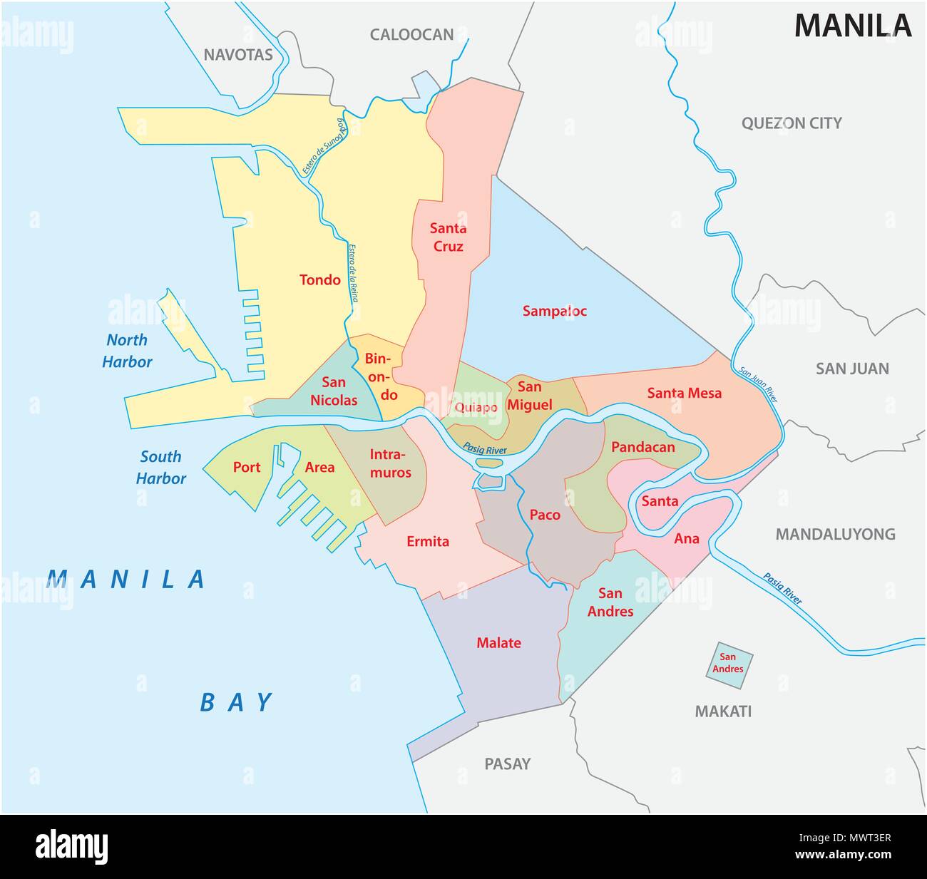 Manila politica e amministrativa di mappa vettoriale, Filippine Illustrazione Vettoriale