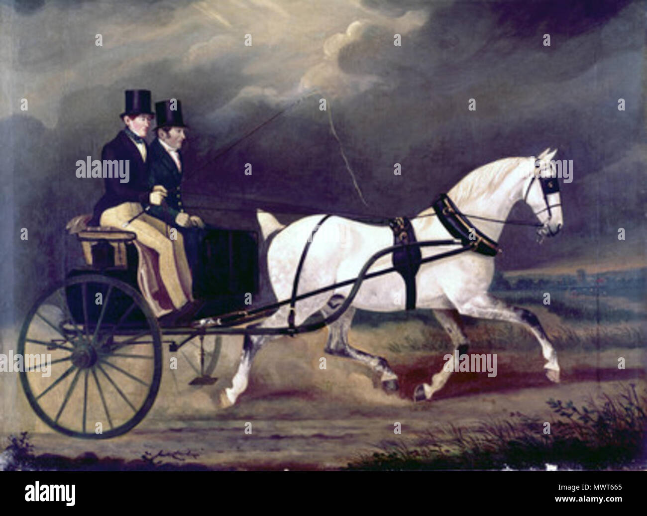 . Un Stanhope gig, c 1815-1830 pittura ad olio di Stanhope gig portante due ben dresed colleghi, trainata da un cavallo bianco. I concerti sono stati utilizzati da persone che spesso necessaria per fare brevi tragitti rapido con minima fatica a cavallo. Essi sono stati utilizzati dai viaggiatori commerciali, gli agricoltori, i medici e gli altri. Lo Stanhope gig era molto popolare di design, costruito una prima volta nel 1815 da Tilbury, un carrozziere di Londra, per la Hon Fitzroy Stanhope. prima del 1830. Unattributed 573 Stanhope gig, c 1815-1830 Foto Stock