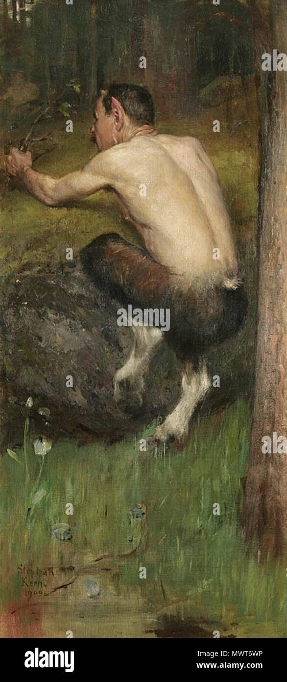 . "Fauno im Wald", Öl auf Leinwand, signiert, datiert 1900, 54 x 26 cm . 1900 576 Stephan Kern Fauno im Wald Foto Stock