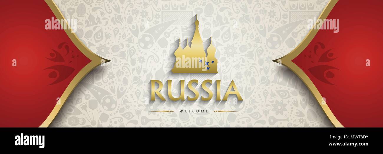 Benvenuti in Russia simbolo sfondo texture con decorazioni in oro. Tradizionale cultura russa modello di pagina di intestazione per un 2018 Evento di calcio. EPS10 vettore. Illustrazione Vettoriale