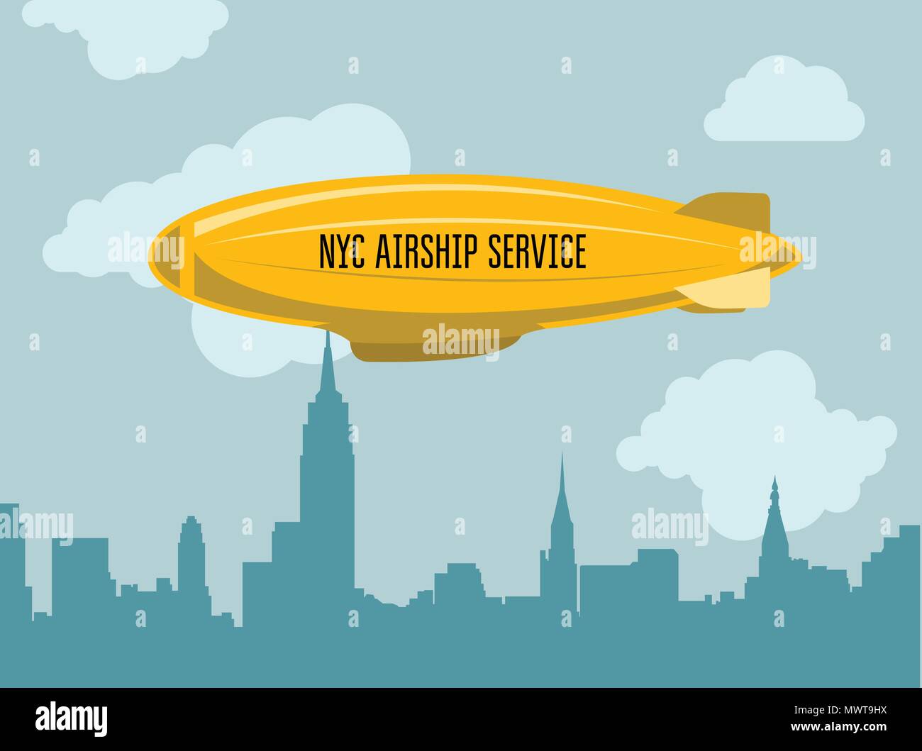 Dirigibile sulla città - zeppelin con messaggio pubblicitario in nubi Illustrazione Vettoriale