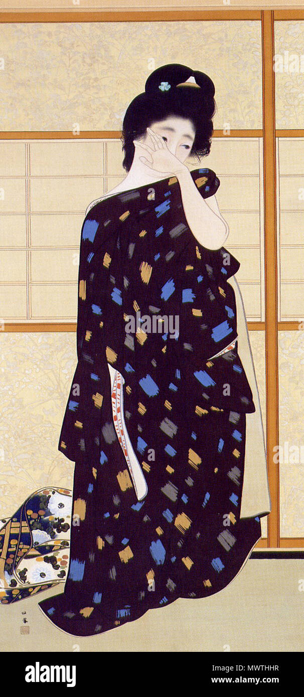 . Inglese: posa per la prima volta. Inchiostro e colore su seta, 183x88 cm. Kyoto Museo Comunale d'arte. 1913. Takeuchi Seihō (1864-1942) nomi alternativi 竹内栖鳳（たけうちせいほう） ; descrizione 棲鳳 pittore giapponese Data di nascita e morte 20 Dicembre 1864 23 agosto 1942 Luogo di nascita e morte di Kyoto Yugawara 中京区御池通油小路 天野屋旅館 competente controllo : Q3514329 VIAF: 96591386 ISNI: 0000 0000 8168 6016 ULAN: 500123272 LCCN: N81032983 GND: 142270032 WorldCat 586 Takeuchi-posa-1913 Foto Stock