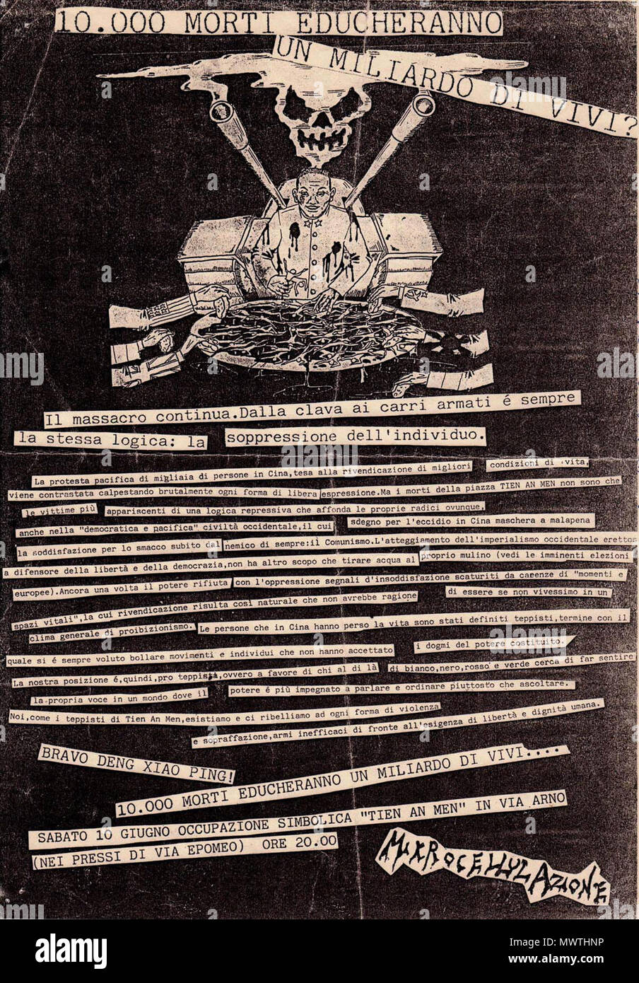 . Italiano: Volantino del Collettivo MikrocellulAzione di Napoli del 10 giugno 1989 che preludeva l'occupazione dei locali di Via Arno n° 3, in Napoli, che diventeranno il COCA - Centro Occupato di Cultura Autogestita 'Tien'un'ment'' . Il 10 giugno 1989. Collettivo MikrocellulAzione 587 TAM 1 Foto Stock