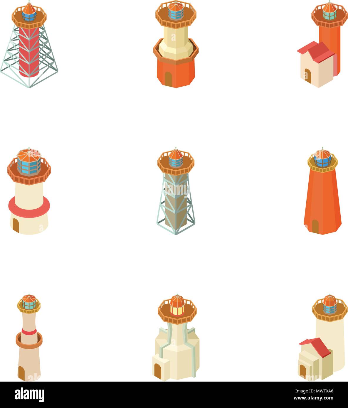 Faro di set di icone, stile cartoon Illustrazione Vettoriale