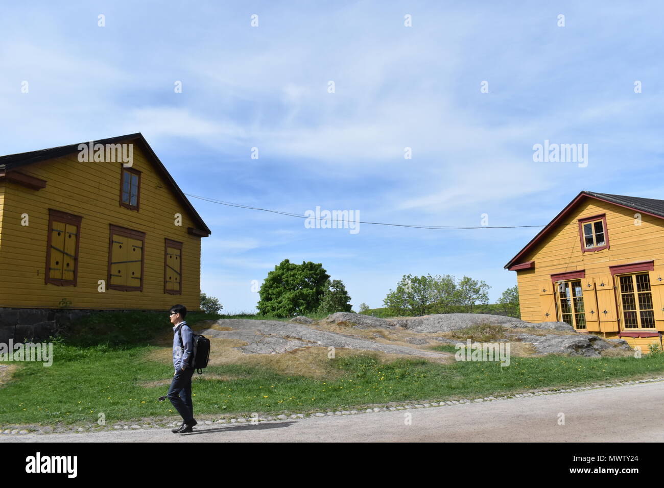 In legno case finlandese sull'isola di Suomenlinna, Finlandia Foto Stock
