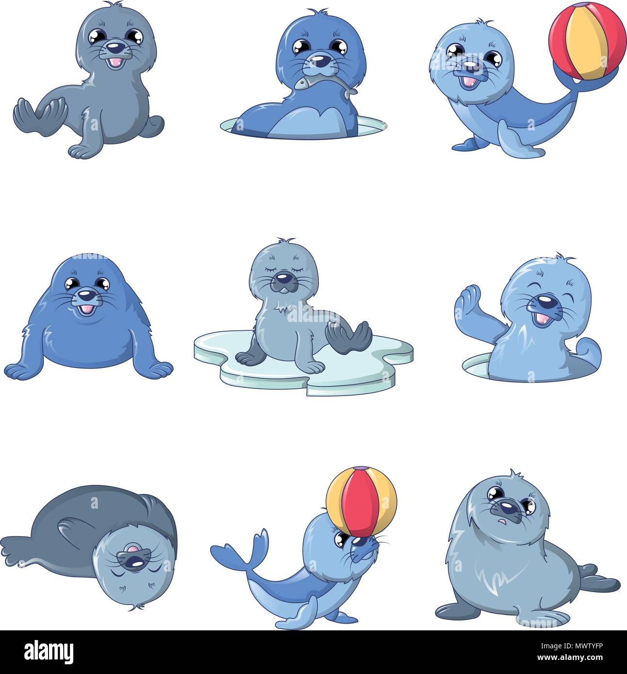 Cuccioli di foca simpatico character set di icone, stile cartoon Illustrazione Vettoriale