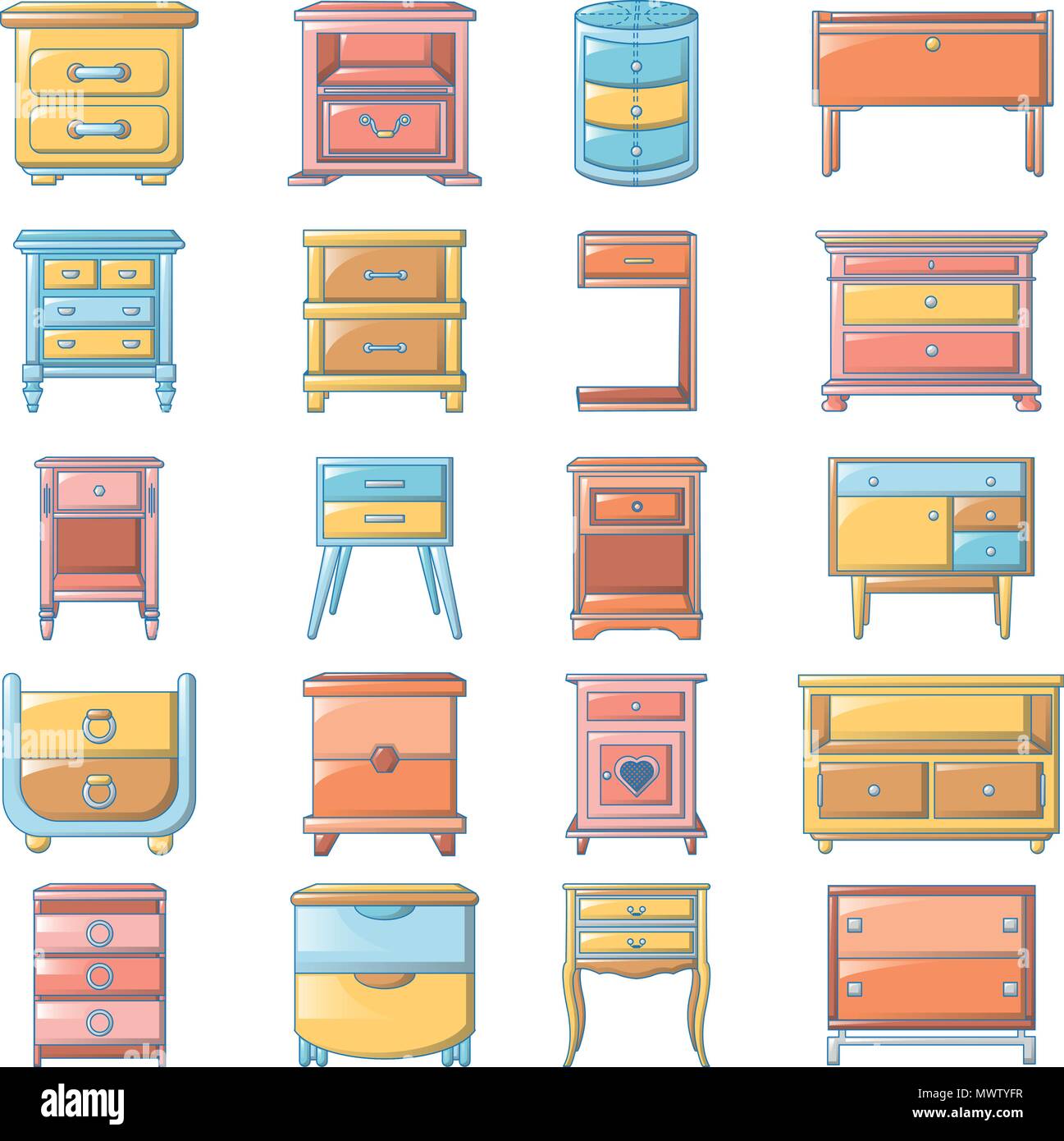 Comodino accanto al letto set di icone, stile cartoon Illustrazione Vettoriale