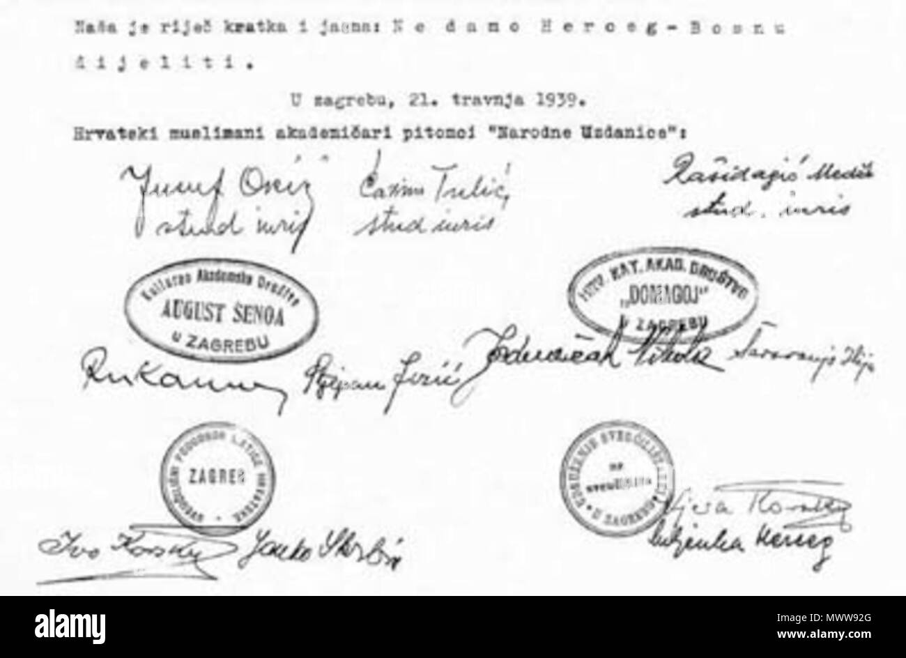. Inglese: una petizione della Croata musulmani intelectuals contro la divisione di Herzeg-Bosnia dal 1939. Hrvatski: Potpis intelektualaca Hrvata-muslimana protiv podjele Herceg-Bosne iz 1939. 1939. più autori 276 HERCEG-BOSNA-15-1939-208 Foto Stock