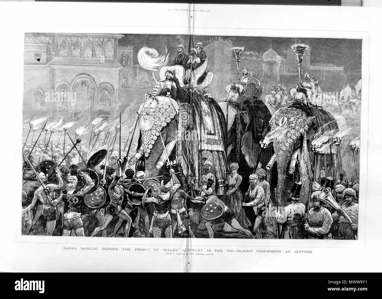 . Inglese: Un Naga danza di guerra in onore della visita del Principe di Galles a Jaipur, 1876, dal Illustrated London News; *una analoga vista dal grafico, 1876* Fonte: ebay, dic. 2002 . 1876. Illustrated London News 436 Naga danza di guerra in onore del Principe di Galles 1876 Visita a Jaipur Foto Stock