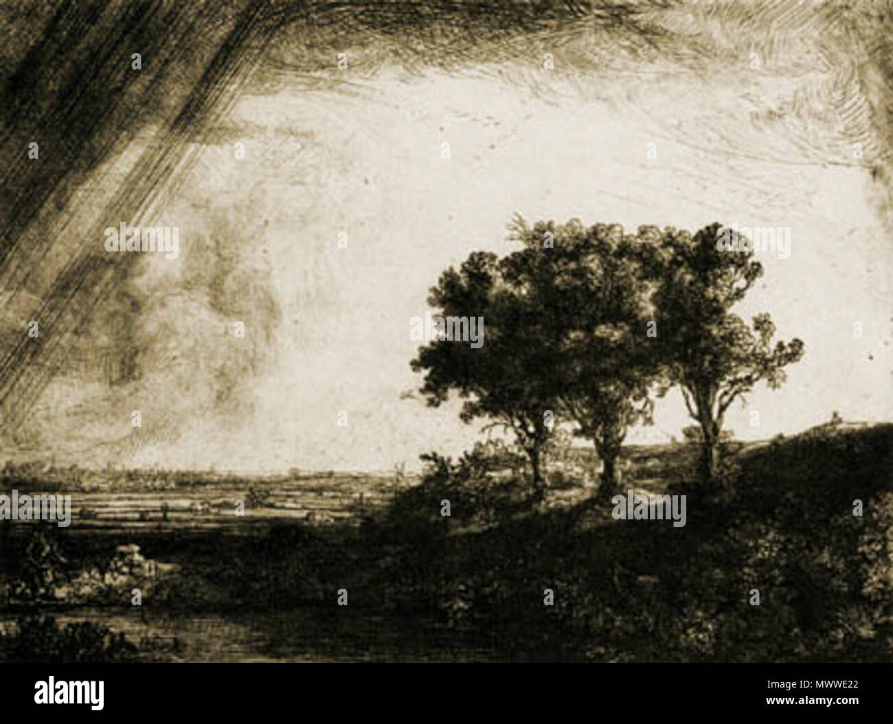 . Nederlands: De Drie bomen. 1643. ets. 21 × 28 cm. Amsterdam, Museo het Rembrandthuis. 1643. Rembrandt (1606-1669) nomi alternativi Rembrandt van Rijn, nome di nascita: Harmenszoon Rembrandt van Rijn, Rembrandt Harmensz. van Rijn Descrizione pittore olandese, printmaker e disegnatore Data di nascita e morte 15 Luglio 1606 4 ottobre 1669 Luogo di nascita e morte Leiden Amsterdam periodo di lavoro tra circa 1625 e circa 1669 sede di lavoro Leiden (1620-1624), Amsterdam (1624-1625), Leiden (1625-1633), Amsterdam (1631-1669) Autorità di controllo : Q5598 VIAF: 64013650 ISNI: 0000 0001 2136 3802 U Foto Stock