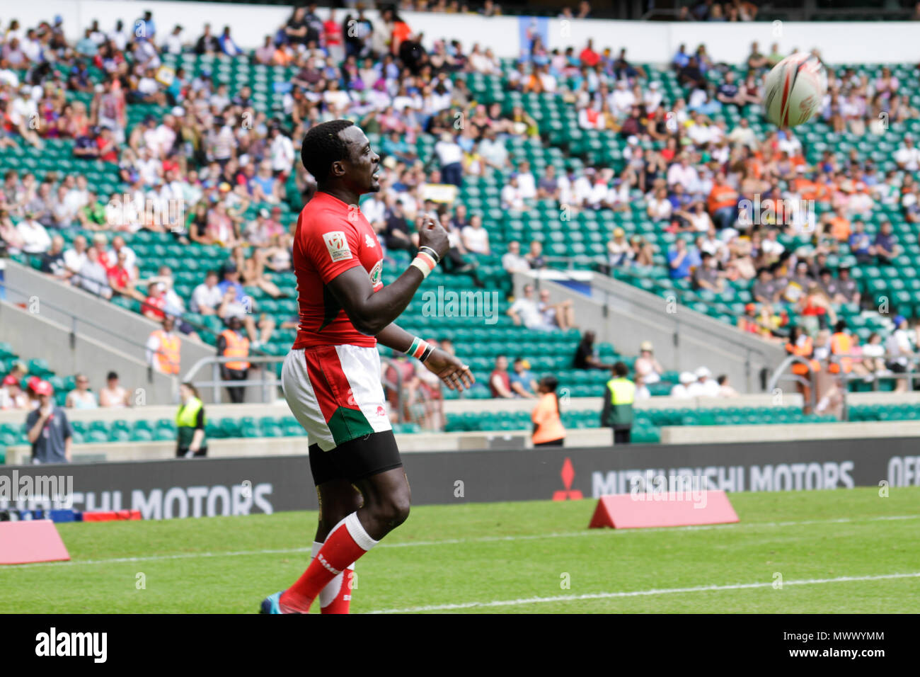 Londra, Regno Unito. 2 Giugno 2018. Collins Injera del Kenya presso la HSBC London Sevens World Series a Twickenham. Il Kenya ha giocato contro gli USA disegno 19-19 nella loro piscina C match. Credito: Elsie Kibue / Alamy Live News Foto Stock