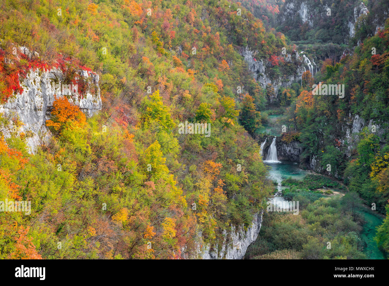 Vista in elevazione oltre il fiume Korana, durante l'autunno, Plitvice, patrimonio mondiale dell UNESCO, Croazia, Europa Foto Stock